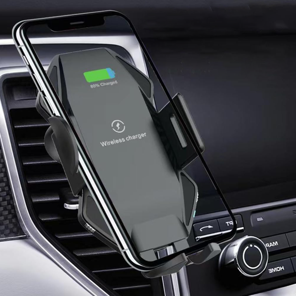Support de téléphone à charge rapide 15 W – Chargeur de voiture sans fil rotatif avec serrage automatique, compatible iPhone 15/14 et Samsung Galaxy S23/S22