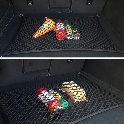 Support de filet universel pour coffre de voiture – Maille élastique nylon 90×40 cm / extensible jusqu’à 110 cm, 4 poches &amp; crochets
