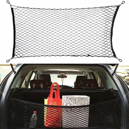 Support de filet universel pour coffre de voiture – Maille élastique nylon 90×40 cm / extensible jusqu’à 110 cm, 4 poches &amp; crochets