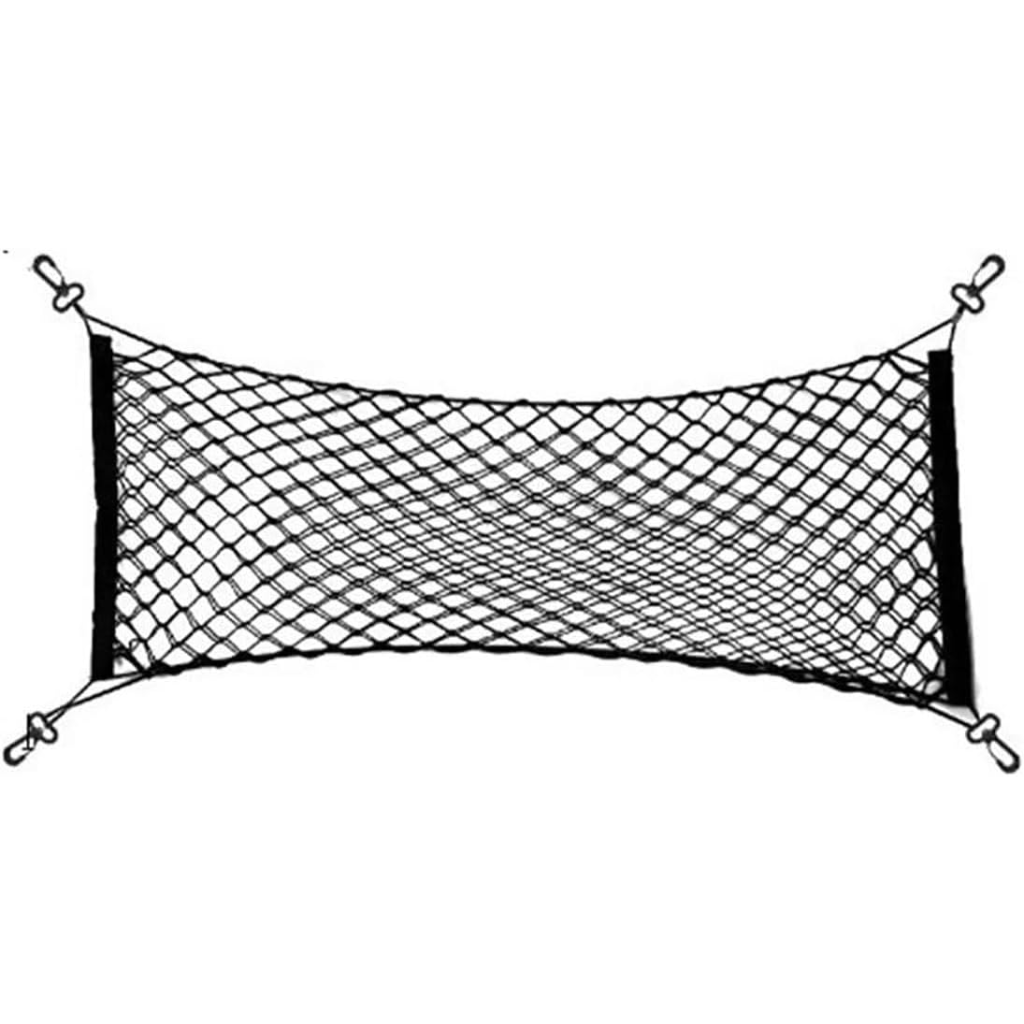 Support de filet universel pour coffre de voiture – Maille élastique nylon 90×40 cm / extensible jusqu’à 110 cm, 4 poches &amp; crochets